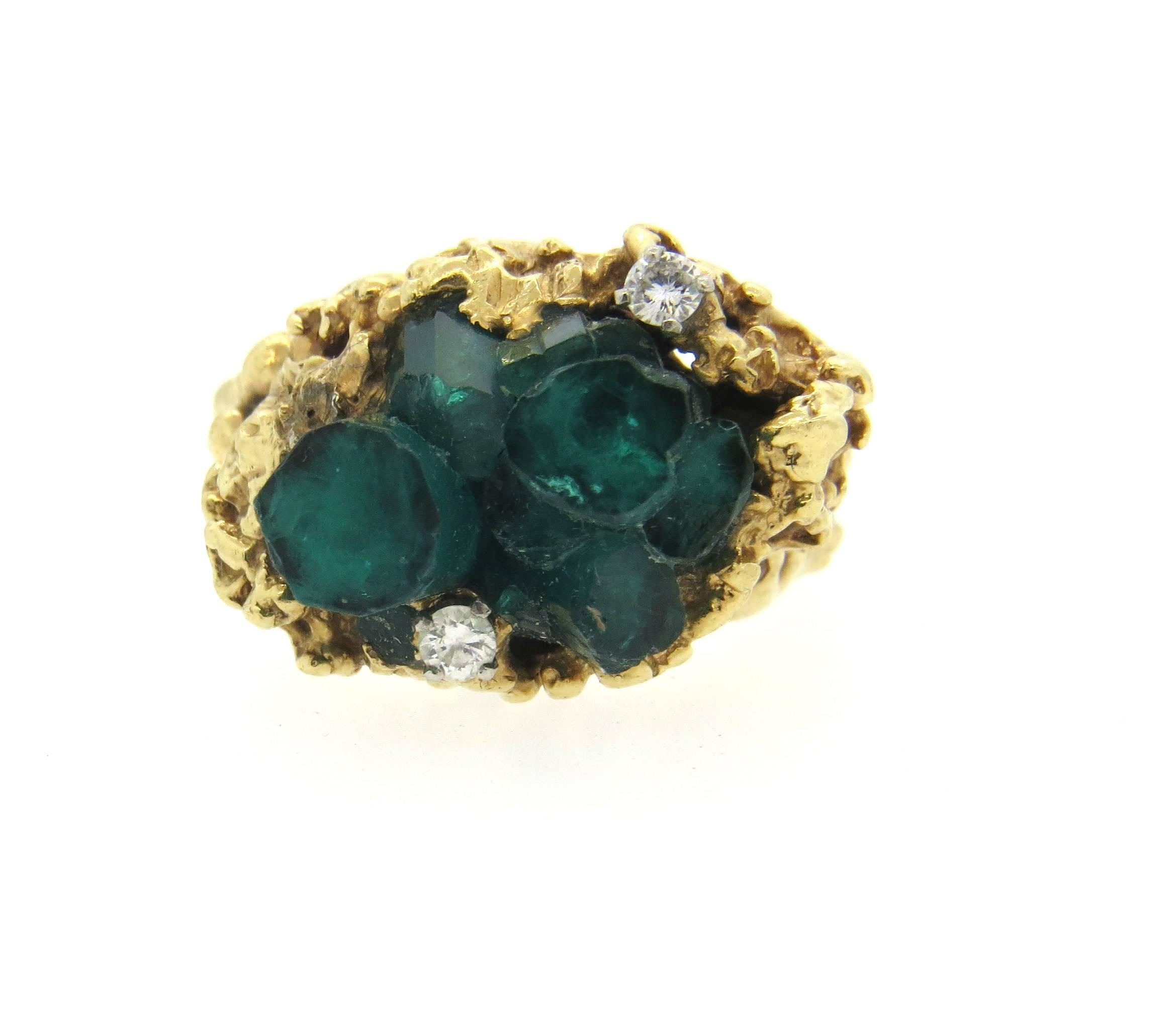 Women's Free Form 1970s Gold Diamond Chatham Emerald Ring
