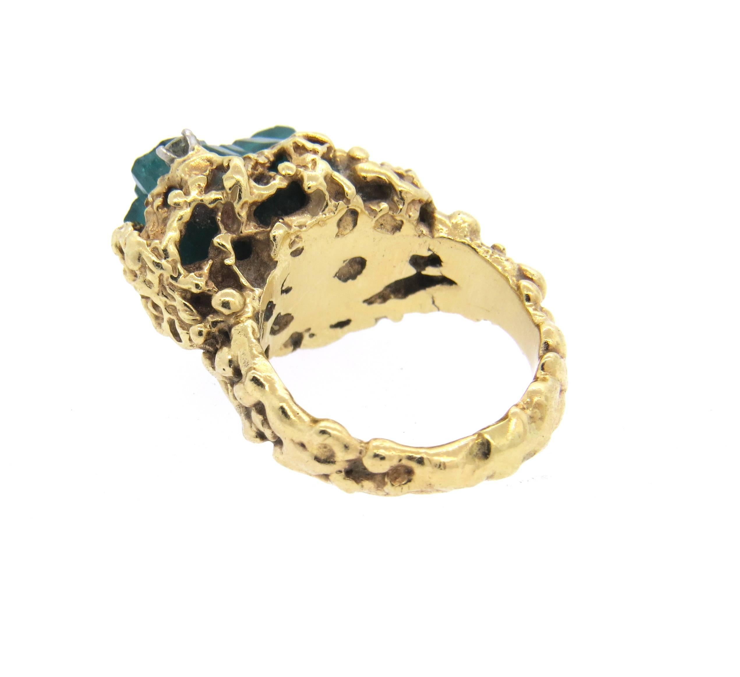 Free Form 1970s Gold Diamond Chatham Emerald Ring  2