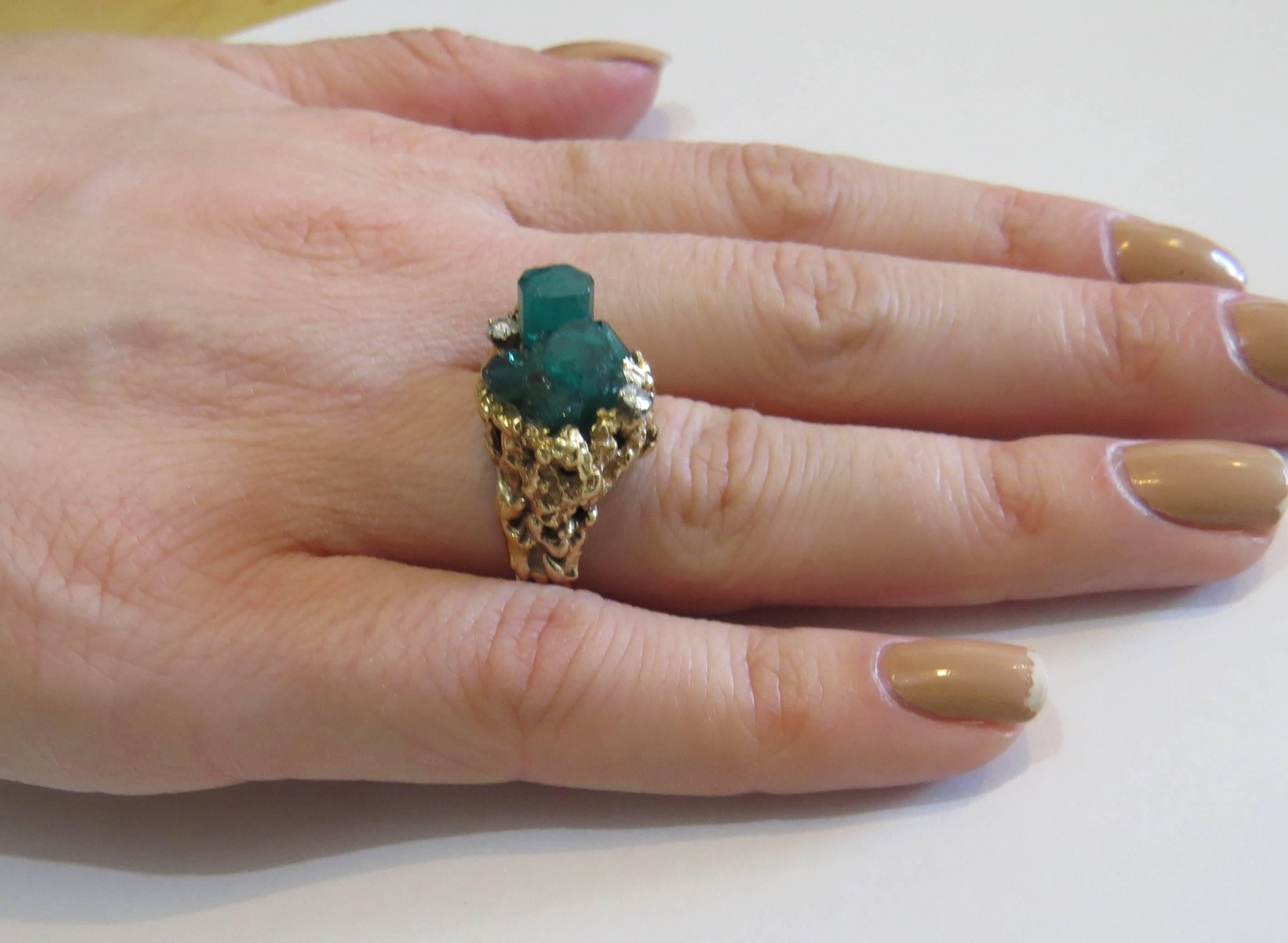 Free Form 1970s Gold Diamond Chatham Emerald Ring  1