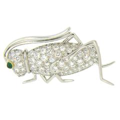 Adorable Tiffany & Co. Emerald Diamond Platinum Nature Grasshopper Brooch