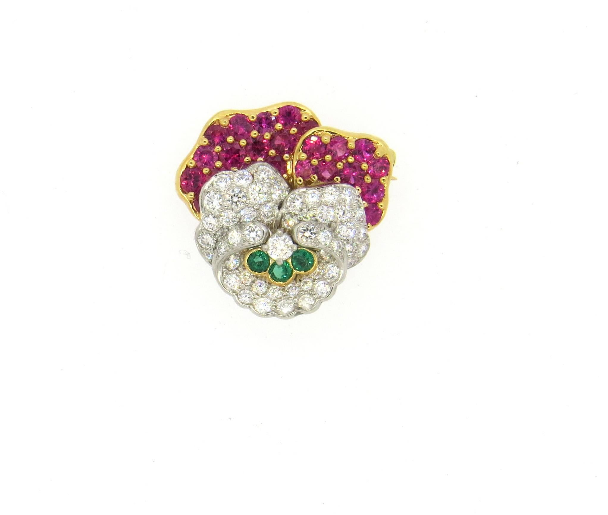 Exquisite Tiffany & Co Platinum Gold Ruby Diamond Emerald Pansy Flower Brooch  In Excellent Condition In Lambertville, NJ