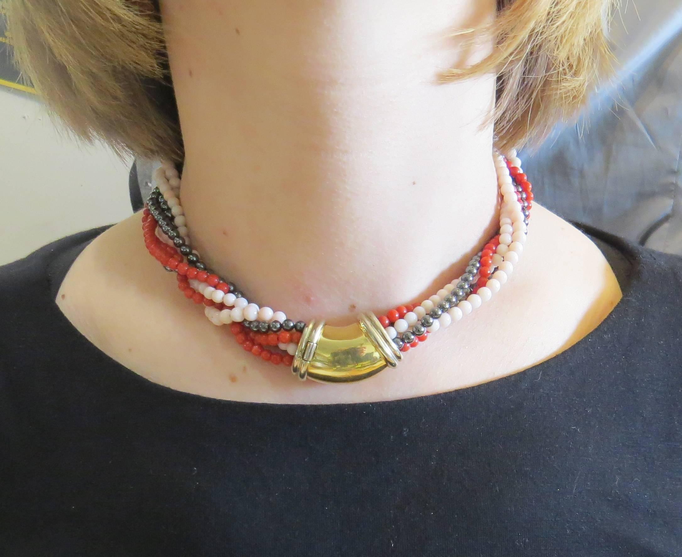 Women's Chaumet Coral Hematite Gold Multi Strand Necklace 