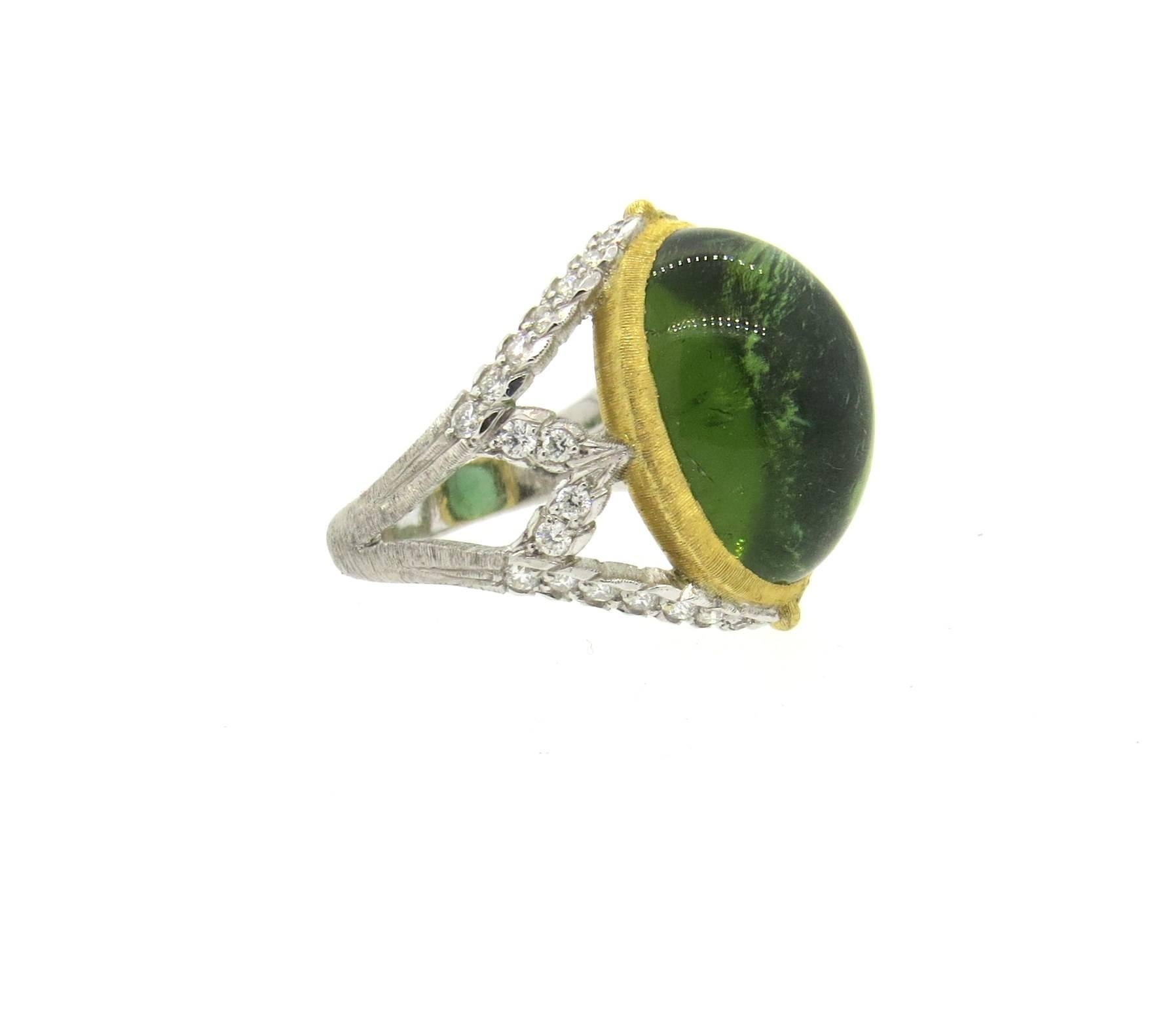 Buccellati Syphony Green Tourmaline Diamond Gold Ring  In New Condition In Lambertville, NJ