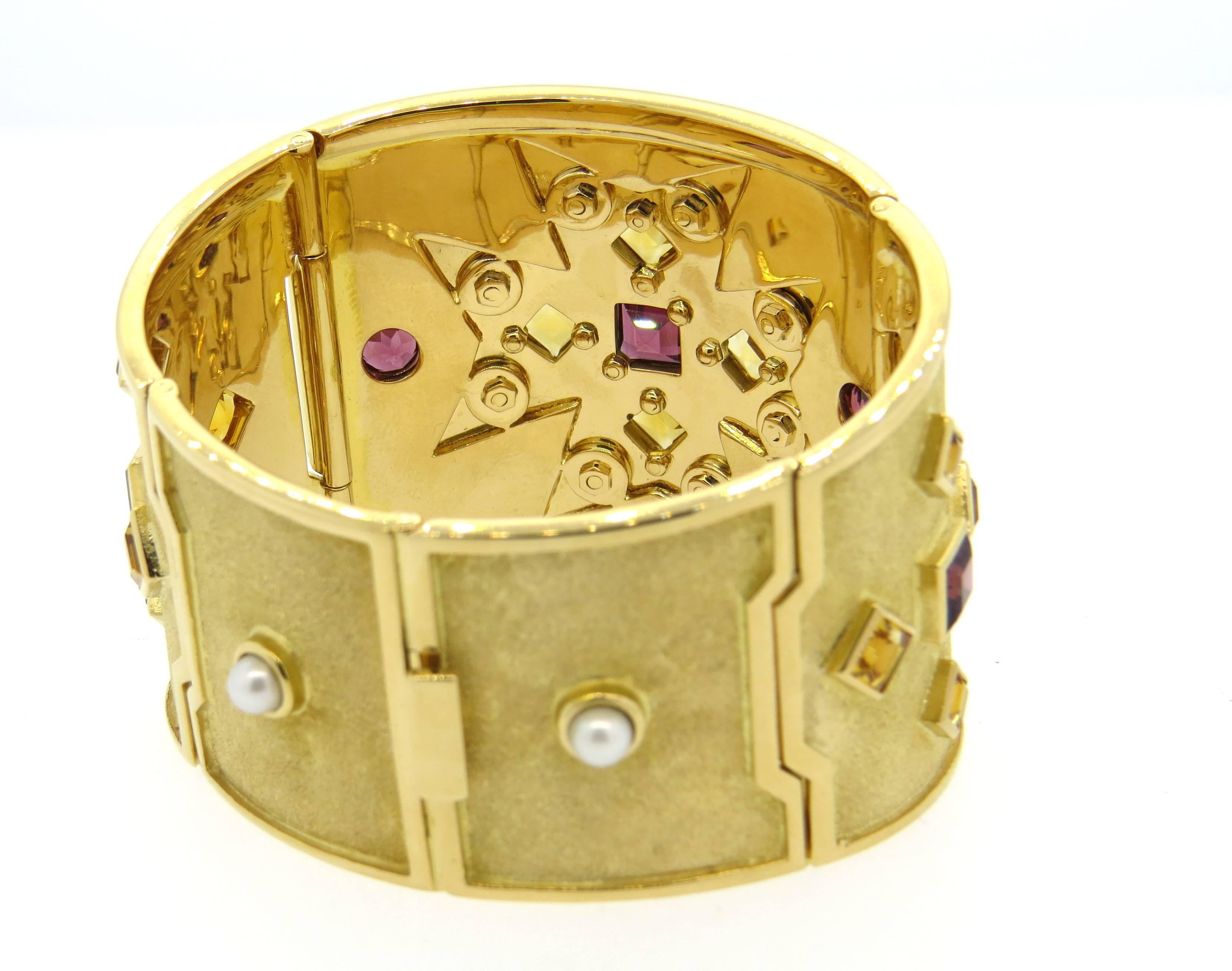 Important Verdura A Fulco Gold Pearl Diamond Gemstone Bangle Bracelet 1