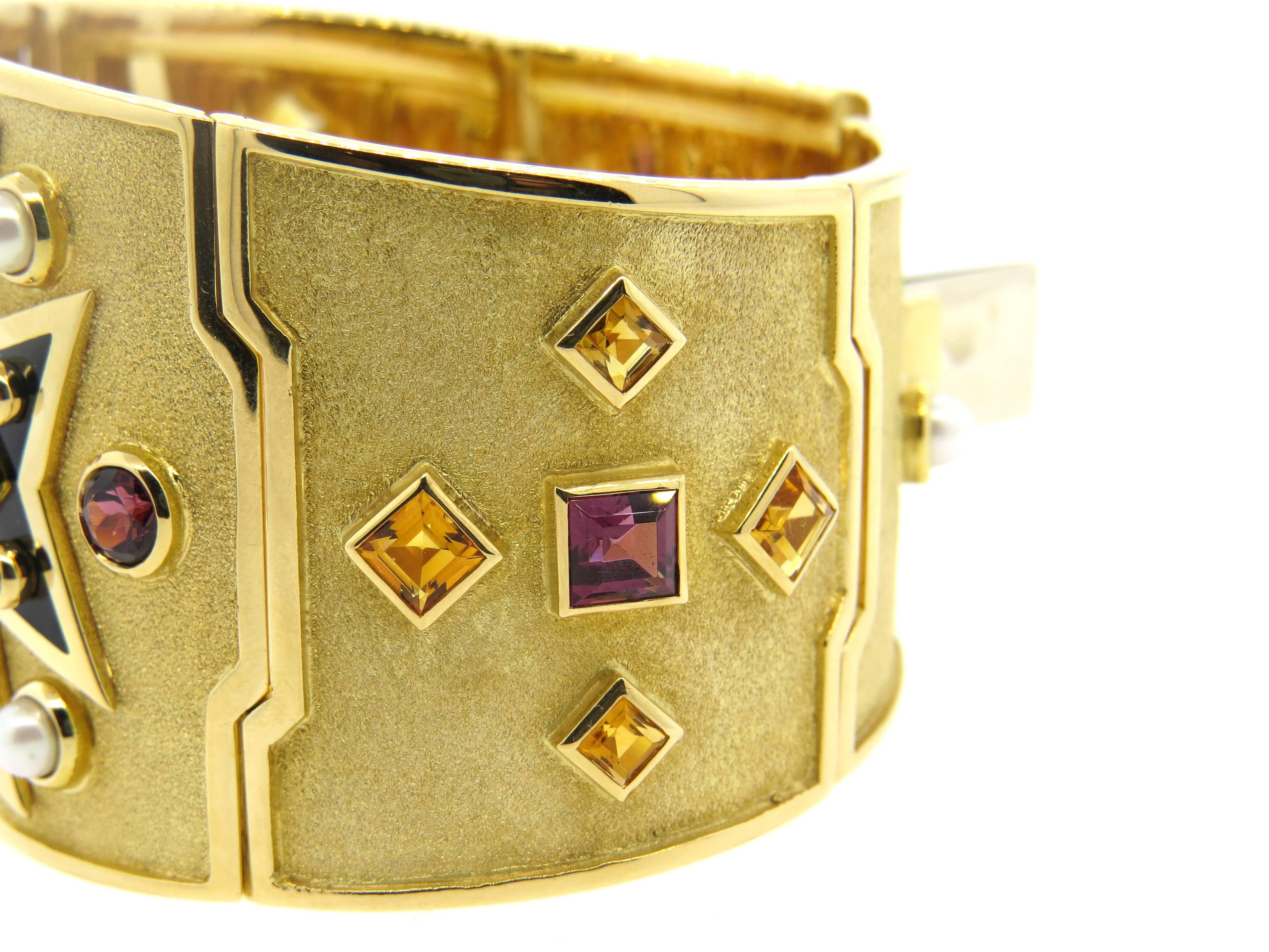 Important Verdura A Fulco Gold Pearl Diamond Gemstone Bangle Bracelet 3
