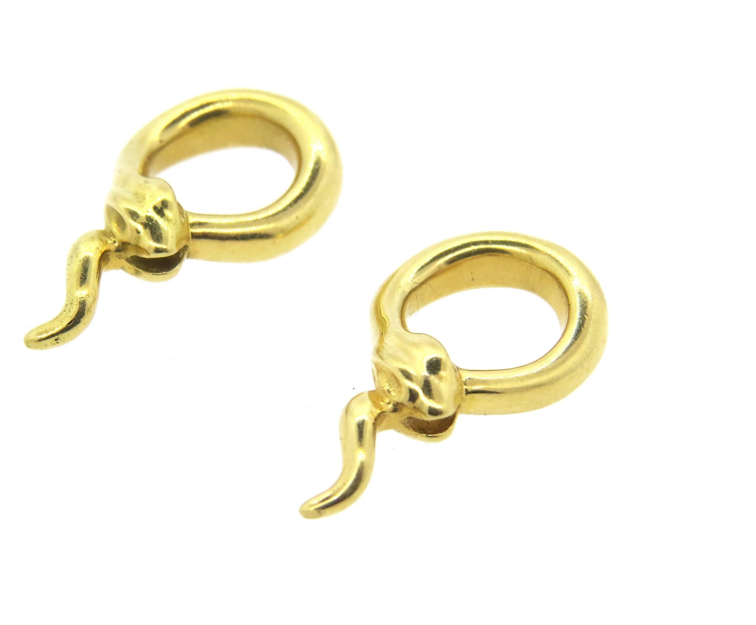 Rare 18k yellow gold Tiffany & Co earring snake pendants, crafted by Elsa Peretti.  Pendants measure 25mm x 15mm. Marked: Tiffany & Co, Elsa Peretti, 750. Weight - 10.8 grams 