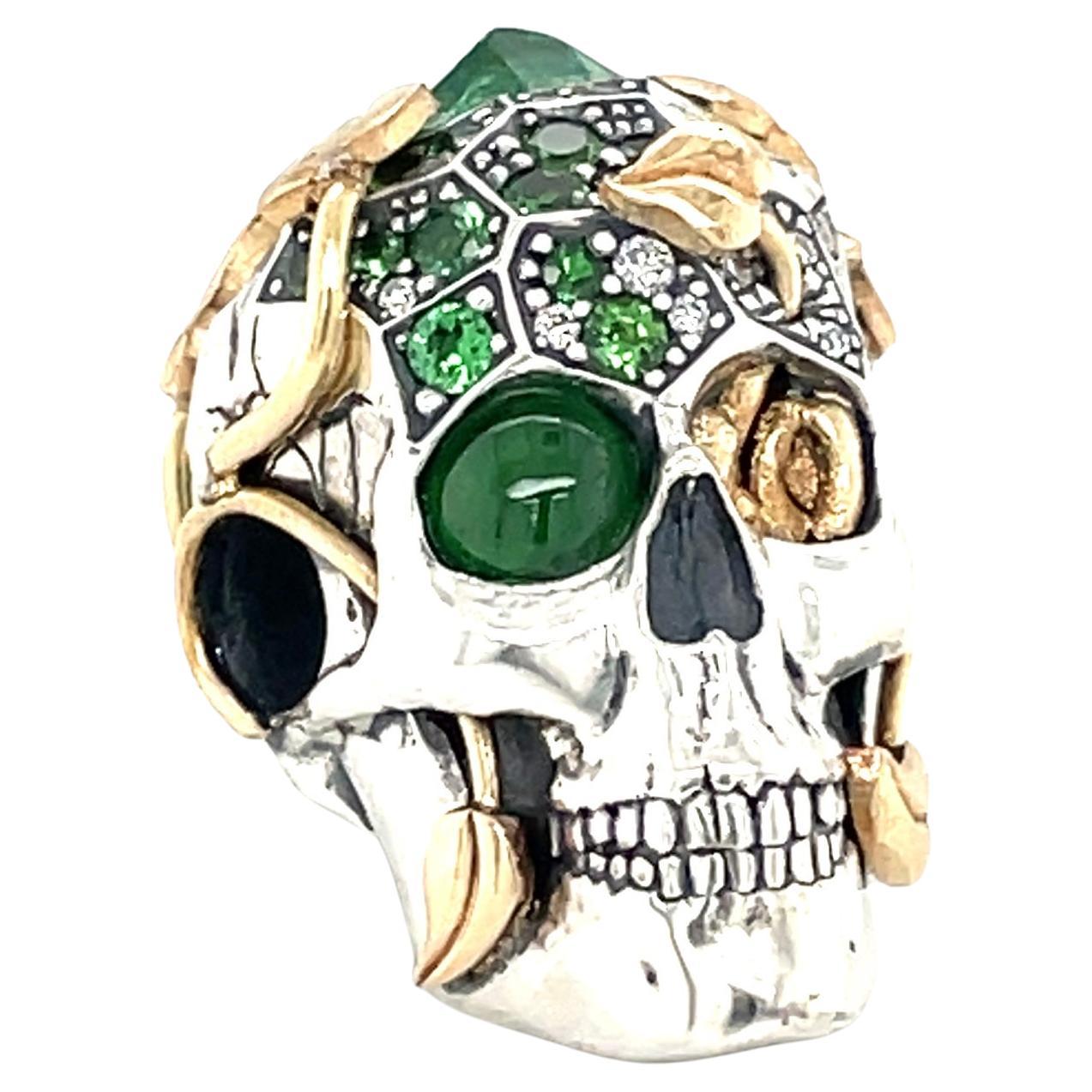 Tsavorite Garnet Skull Pendant in Silver and Gold "Crowned Decay"