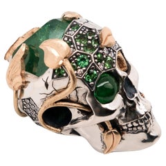 Crowned Decay Tsavorite Garnet Skull Pendant in Silver and Gold