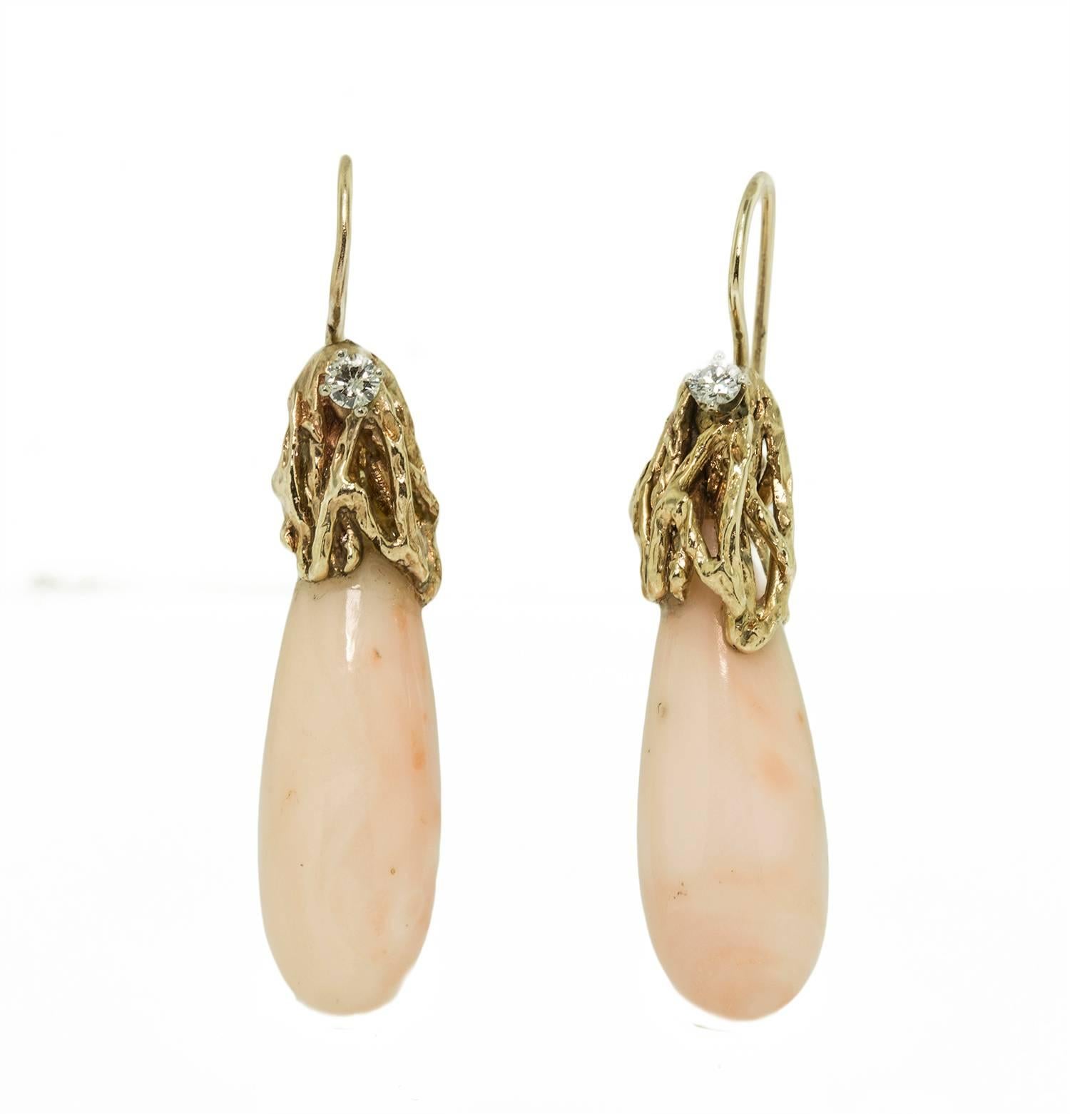 Angel Skin Coral Diamond Gold Drop Earrings  For Sale