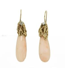 Angel Skin Coral Diamond Gold Drop Earrings 
