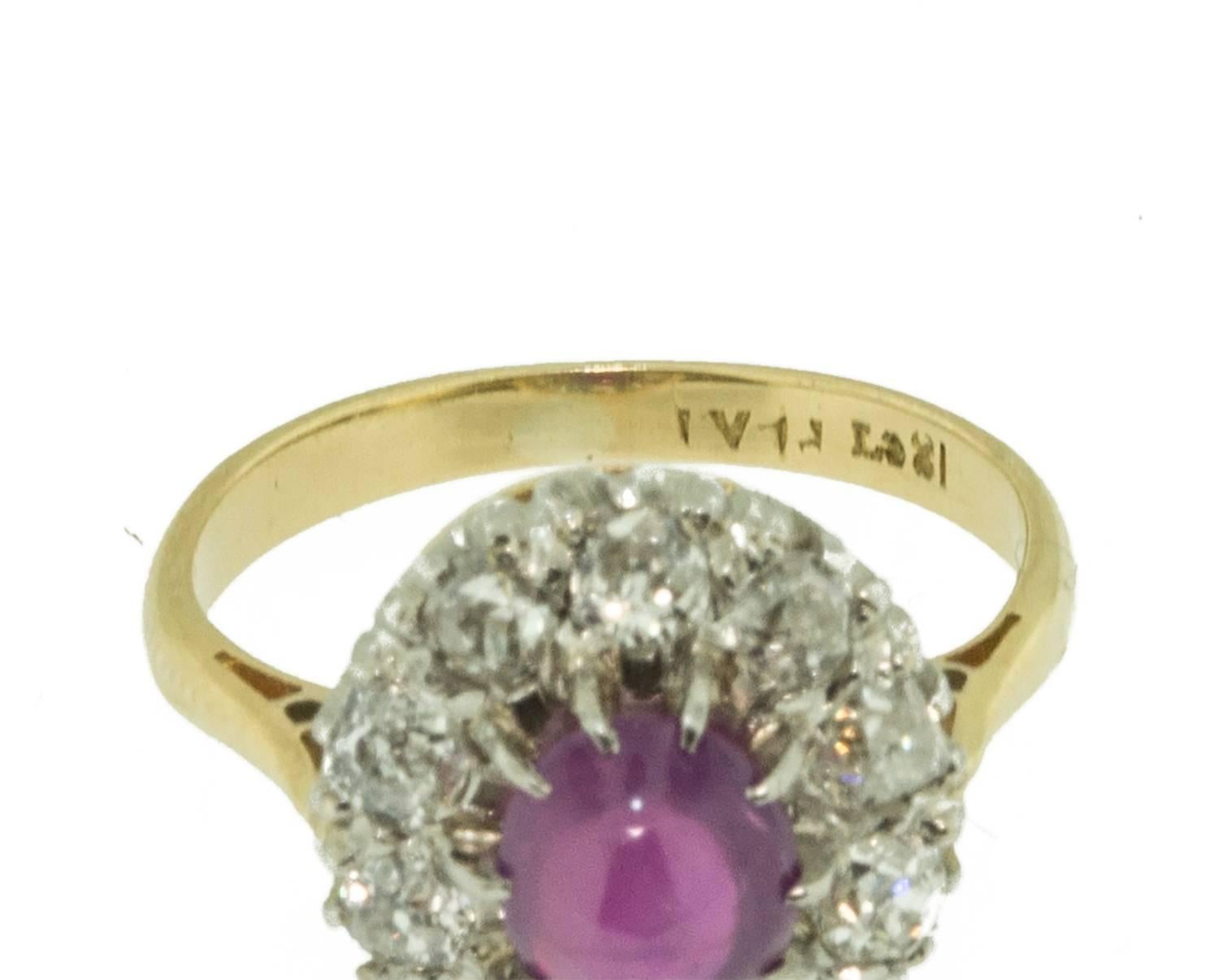 This ring is beautifully constructed. It holds an excellent 2 ct cabochon star ruby with a six ray star in a delicate ten prong setting. Embellishing the central ruby are ten bead set, old mine cut diamonds weighing .77 ct. The ring is set in