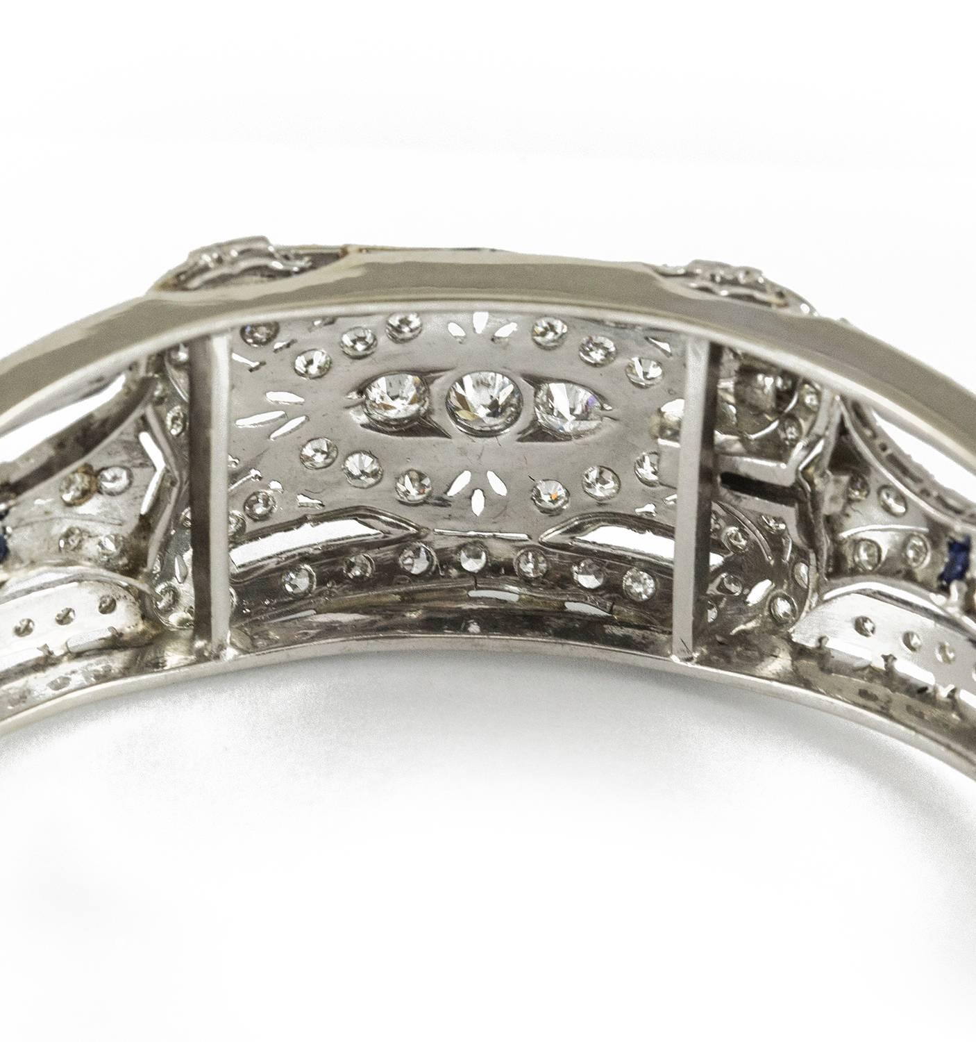 Art Deco Sapphire Diamond Gold Platinum Cuff Bracelet In Excellent Condition For Sale In Toronto, Ontario