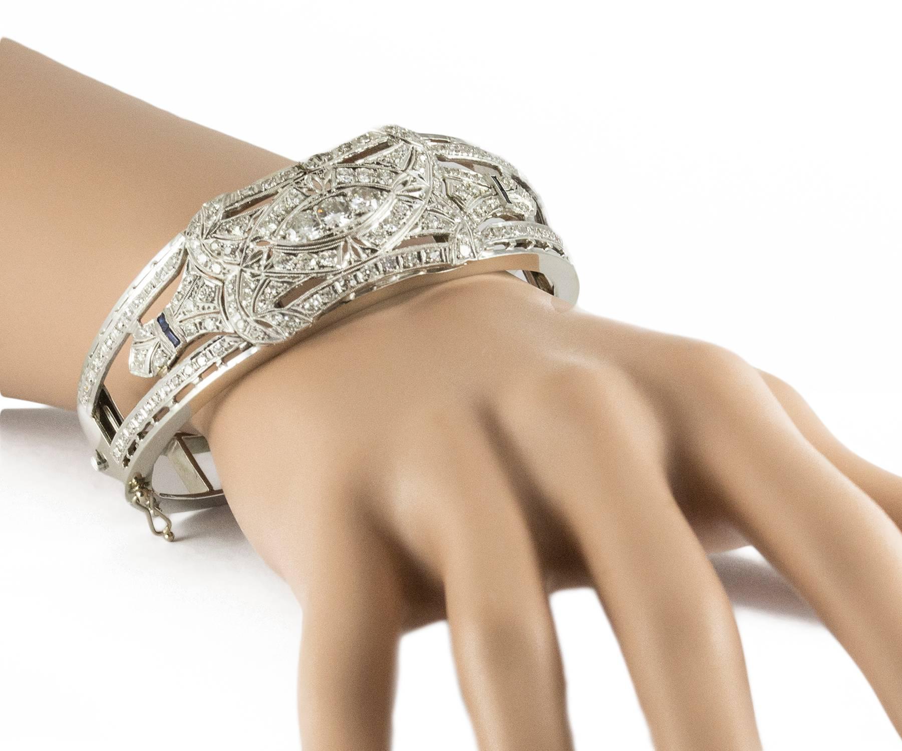 Art Deco Sapphire Diamond Gold Platinum Cuff Bracelet For Sale 4