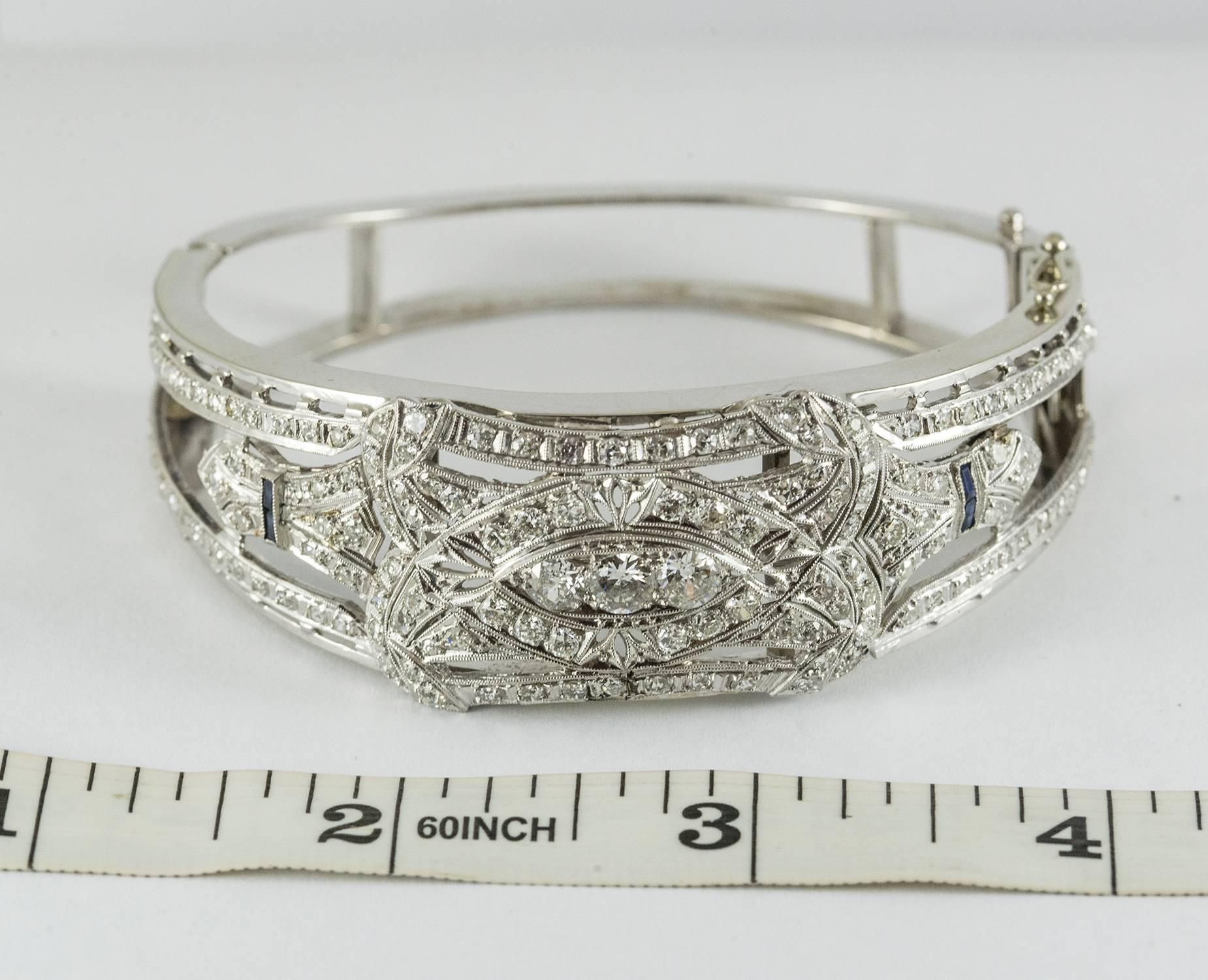 Art Deco Sapphire Diamond Gold Platinum Cuff Bracelet For Sale 3