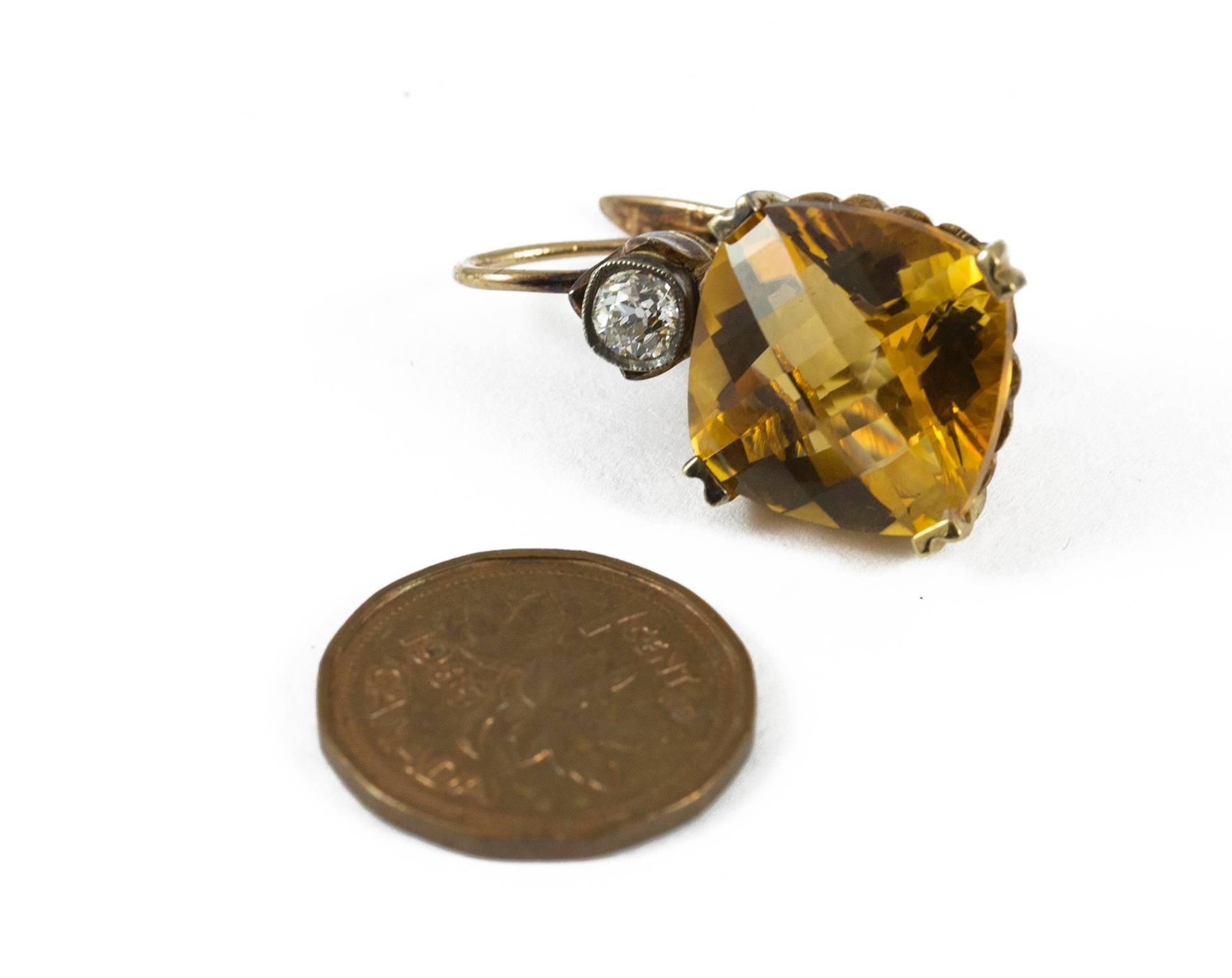 Cushion Cut Citrine Diamond Gold Drop Earrings (possibly Russian) In Excellent Condition For Sale In Toronto, Ontario