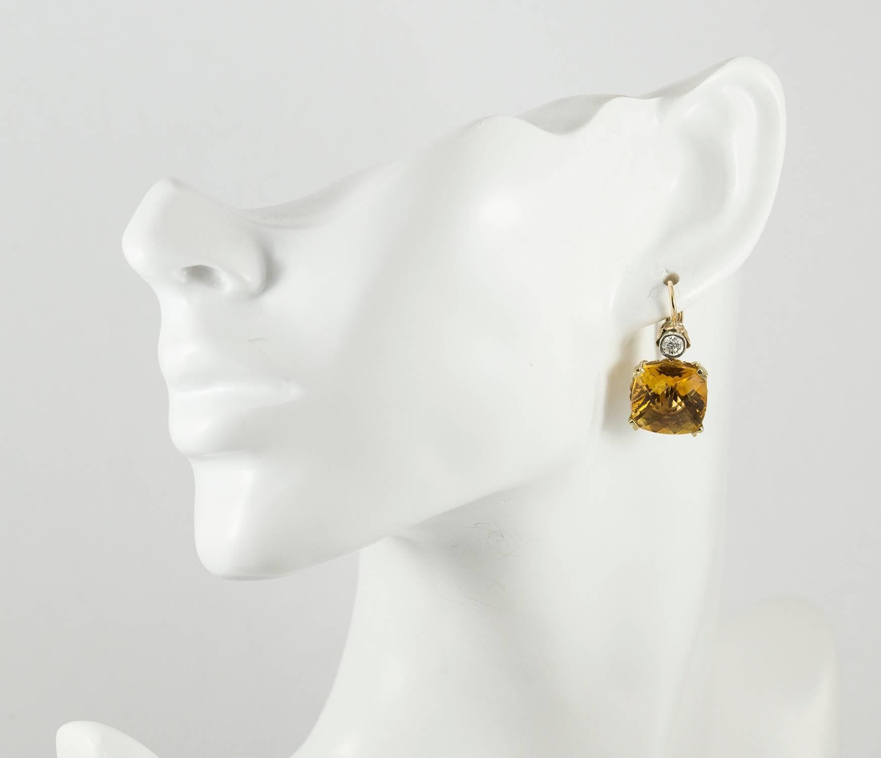 Cushion Cut Citrine Diamond Gold Drop Earrings (possibly Russian) For Sale 1