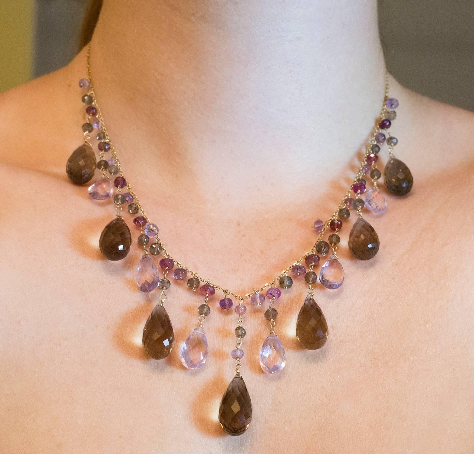 Festive Amethyst Tourmaline and Smokey Quartz Necklace In Excellent Condition For Sale In Toronto, Ontario