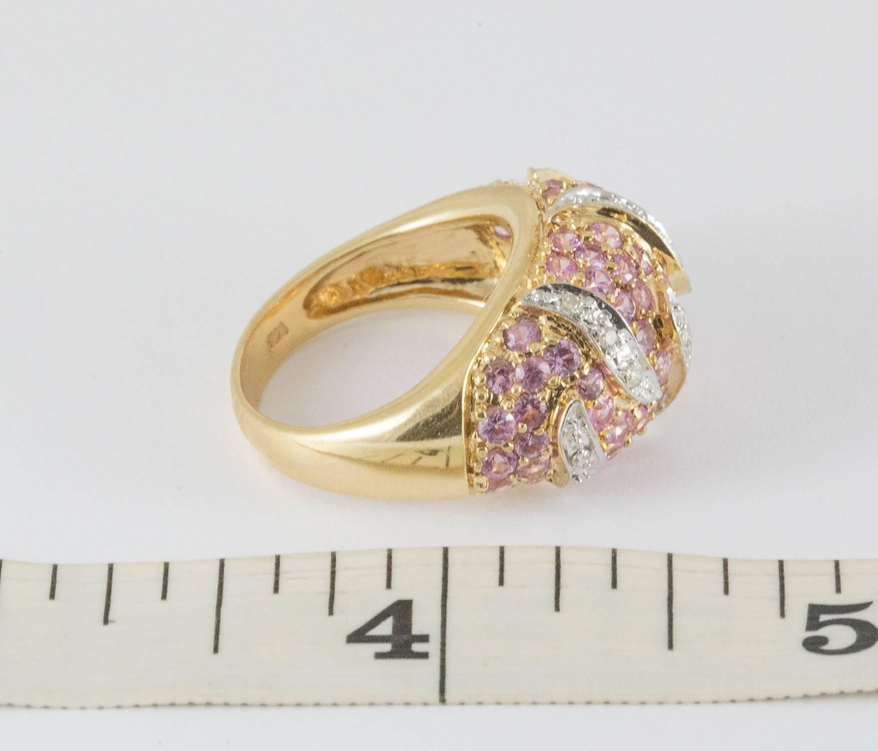 Women's Pink Sapphire Diamond Yellow Gold Dome Ring For Sale