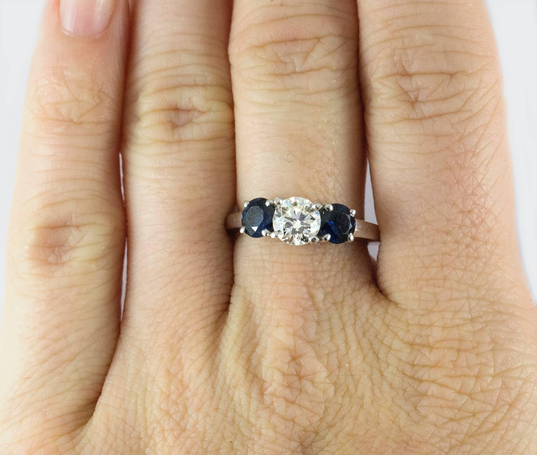 Platinum Sapphire and Diamond Three Stone Ring In Excellent Condition For Sale In Toronto, Ontario