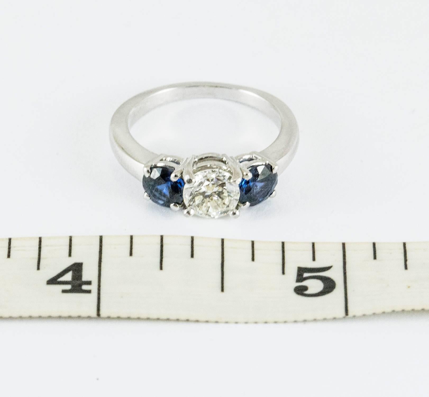 Women's Platinum Sapphire and Diamond Three Stone Ring For Sale