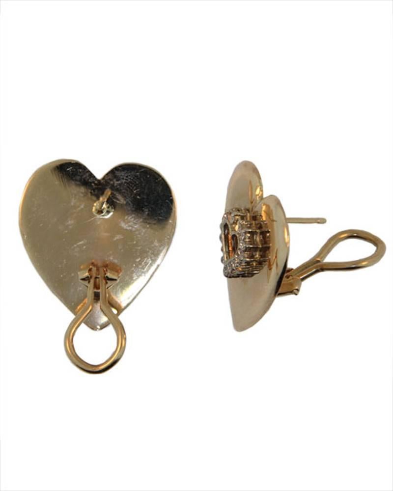 These earrings are set in 14KT yellow gold. They are beautifully made with 30 single cut high quality diamonds (.45 ct.tw. VVS-VS, G-H) in the center of the earrings mirroring the heart outline. The earrings are finished with a high quality omega