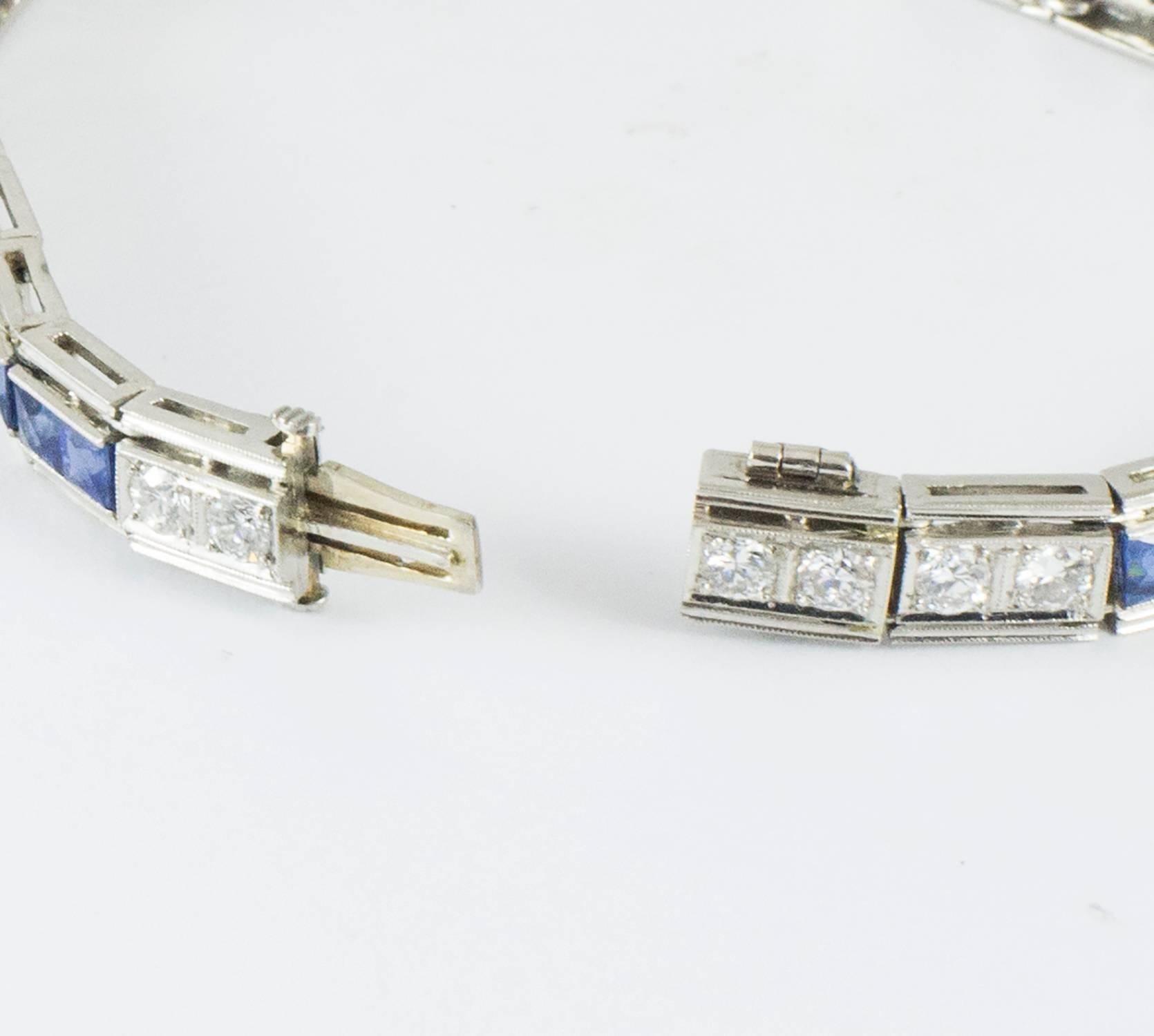 Women's Art Deco Platinum Diamond and Sapphire Line Bracelet by: Howard H. Patch For Sale