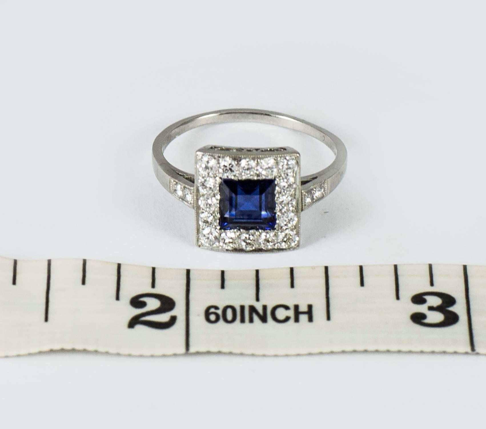 Women's or Men's Art Deco Platinum Diamond Sapphire Ring