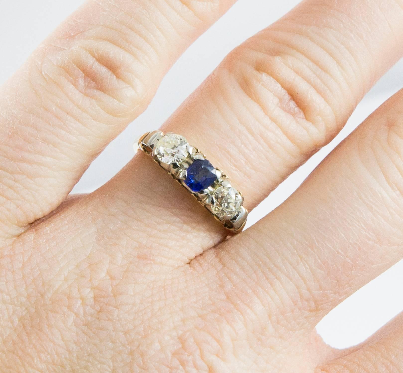 Women's Vintage Gold Diamond and Sapphire Ring For Sale
