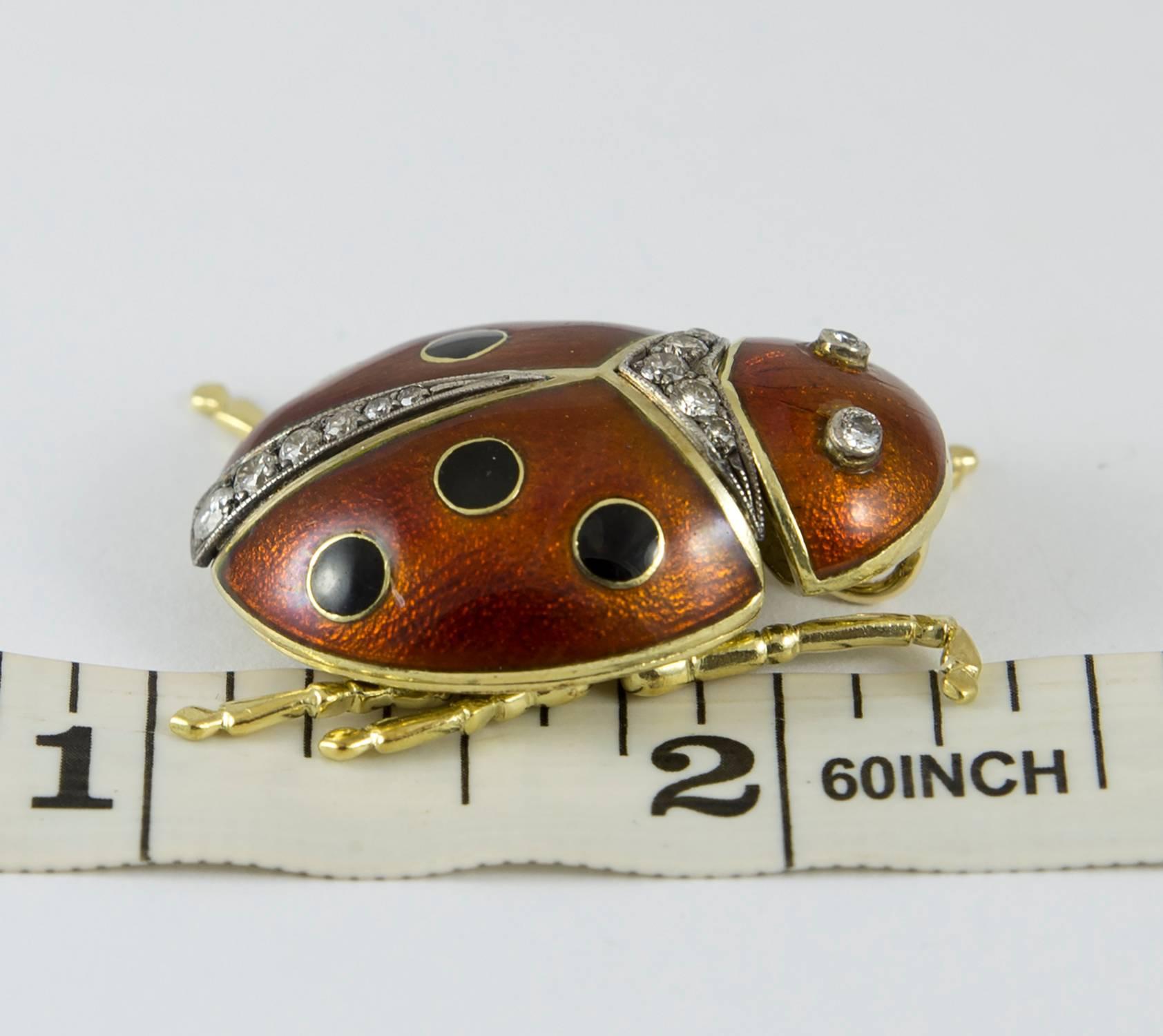 Women's or Men's Gold Diamond and Enamel Lady Bug Pendant For Sale