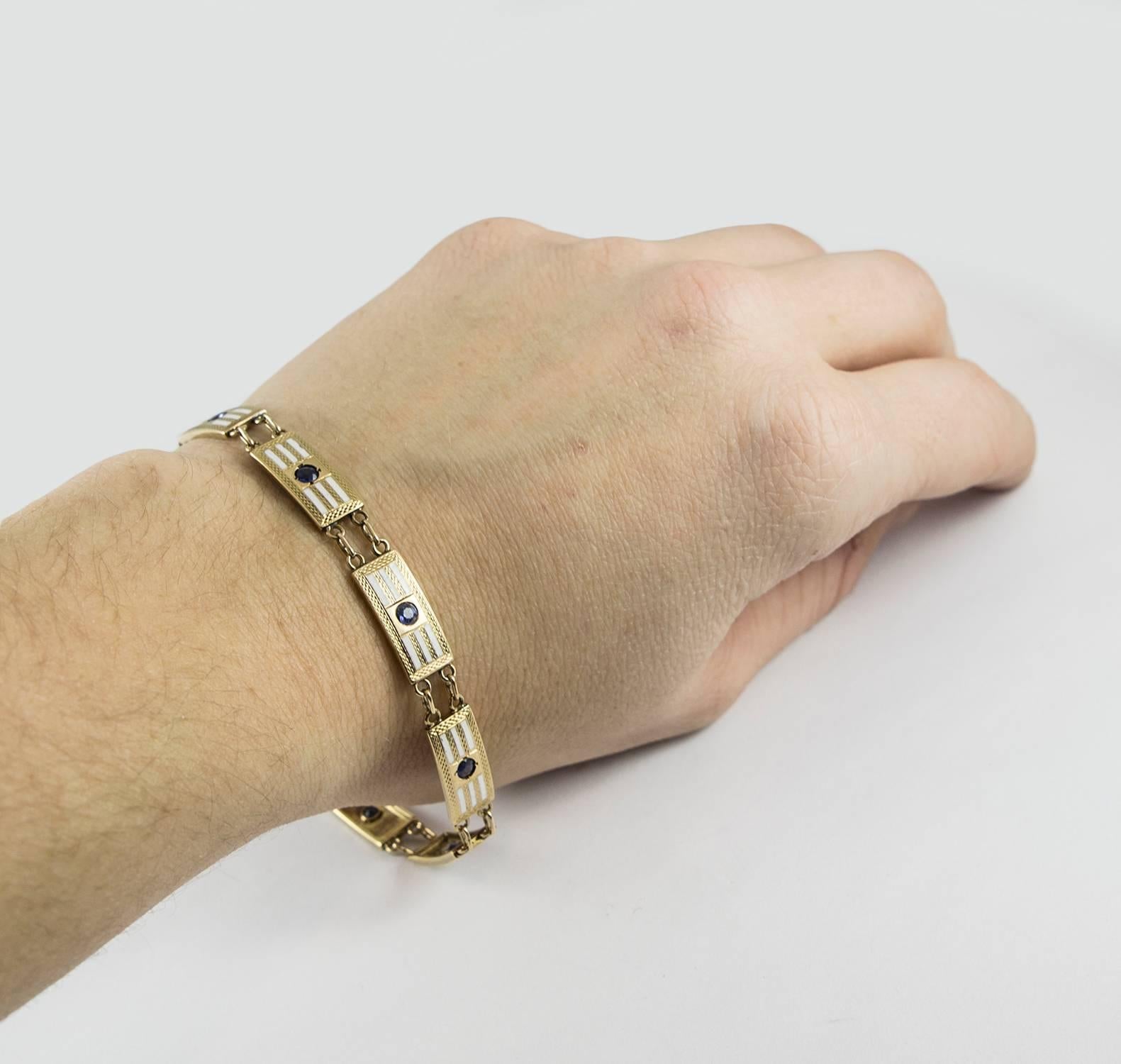Women's or Men's Art Deco Sapphire Gold and Enamel Link Bracelet  For Sale