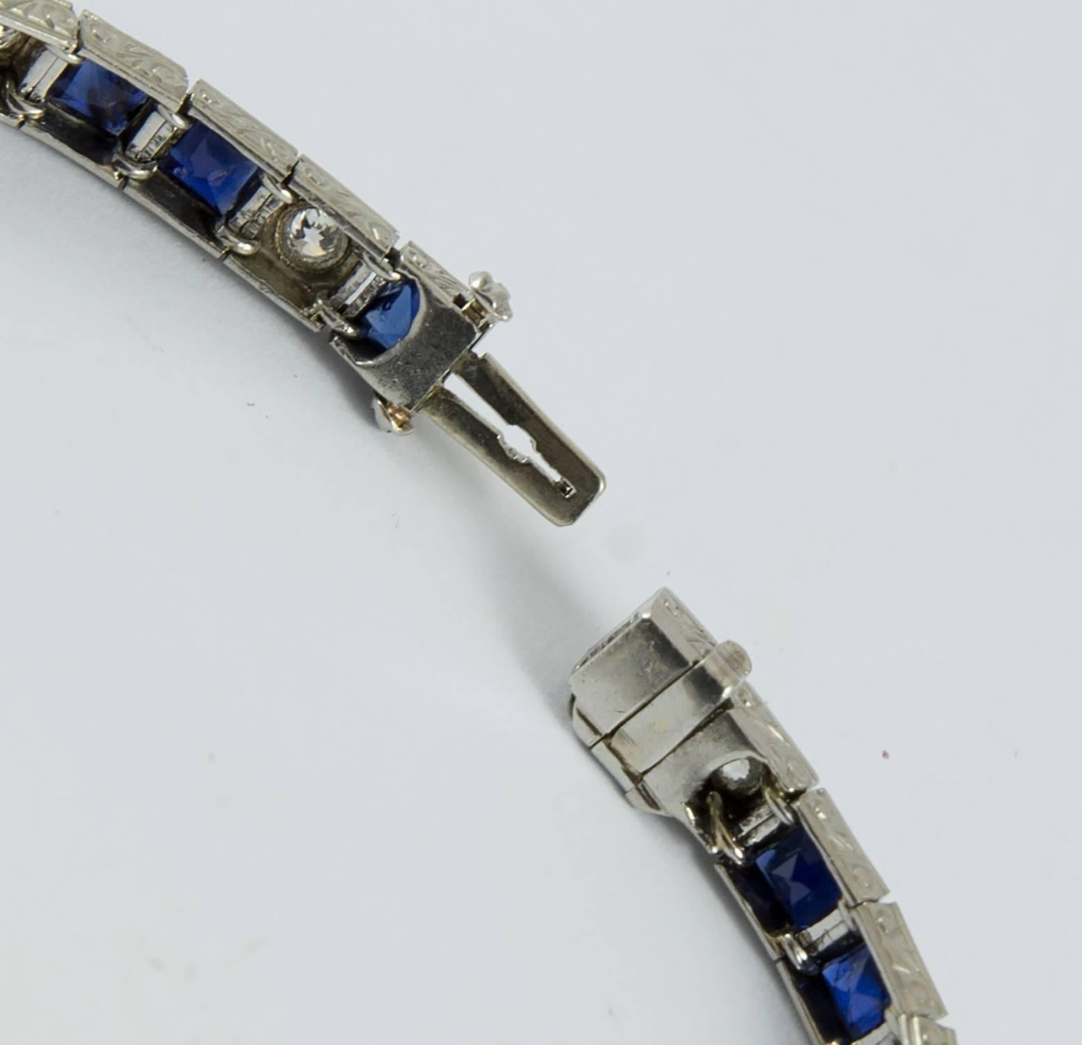 Art Deco Platinum Diamond and Sapphire Line Bracelet In Good Condition For Sale In Toronto, Ontario