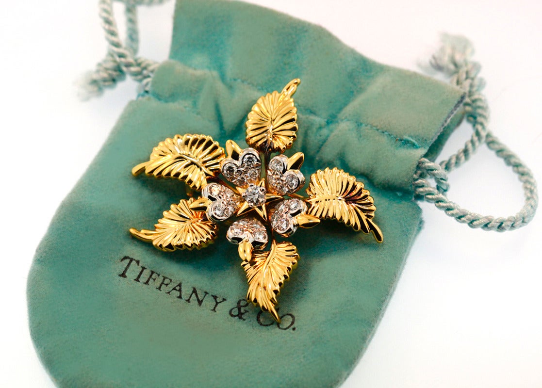 Tiffany & Co. Jean Schlumberger Diamond Gold Platinum Flower Brooch In Excellent Condition For Sale In Toronto, Ontario