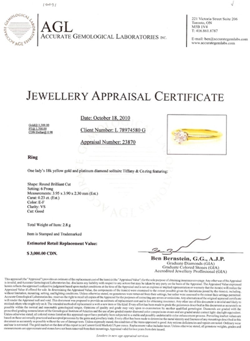 Tiffany & Co. Diamond Gold Solitaire Ring For Sale 1
