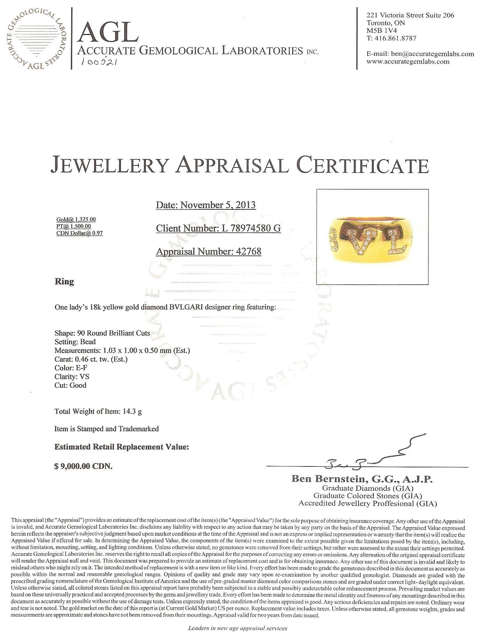 Bvlgari Signature Diamond Gold Band Ring For Sale 2