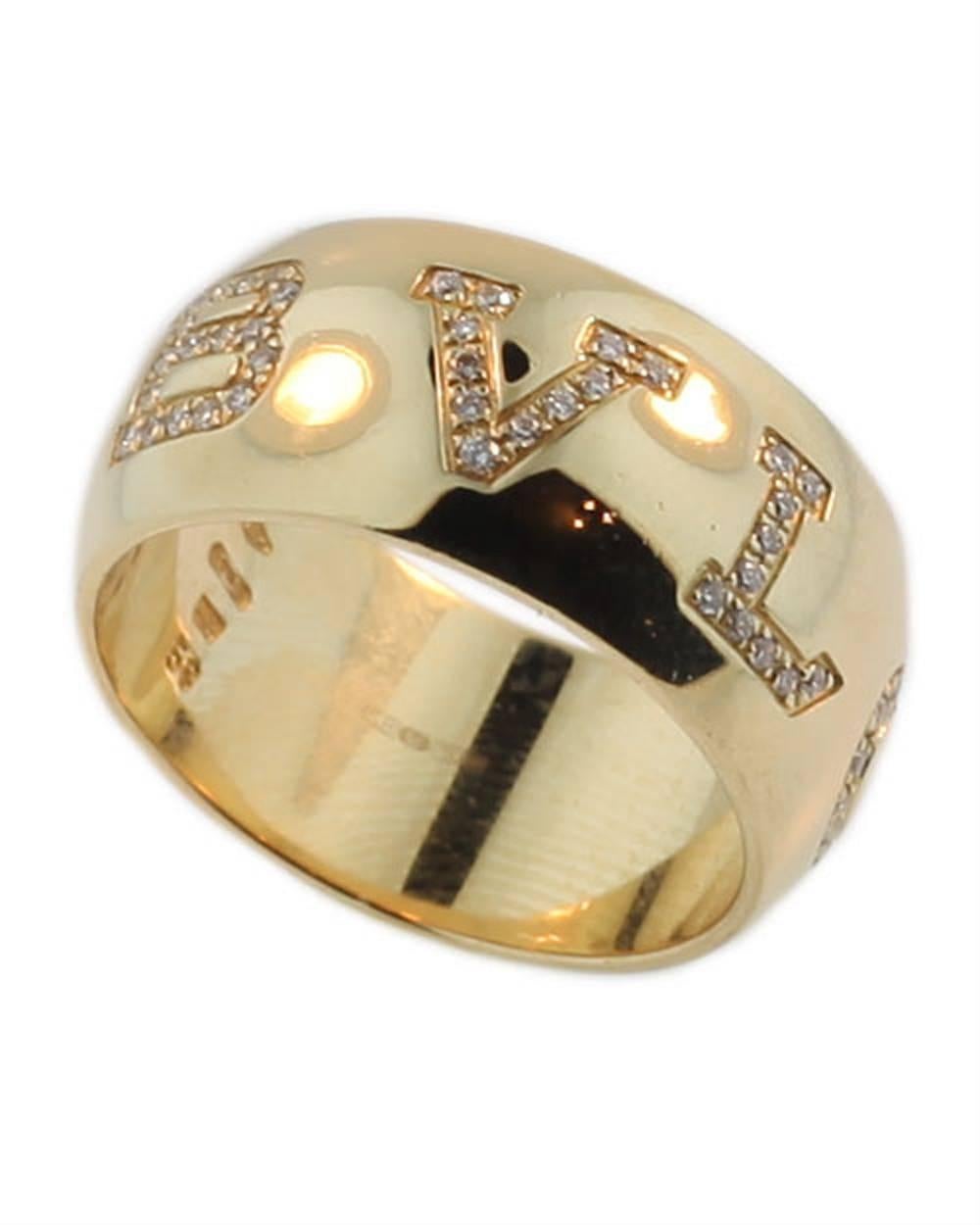 Bvlgari Signature Diamond Gold Band Ring In Excellent Condition For Sale In Toronto, Ontario