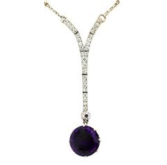 Art Deco Amethyst Diamond Platinum Drop Necklace 