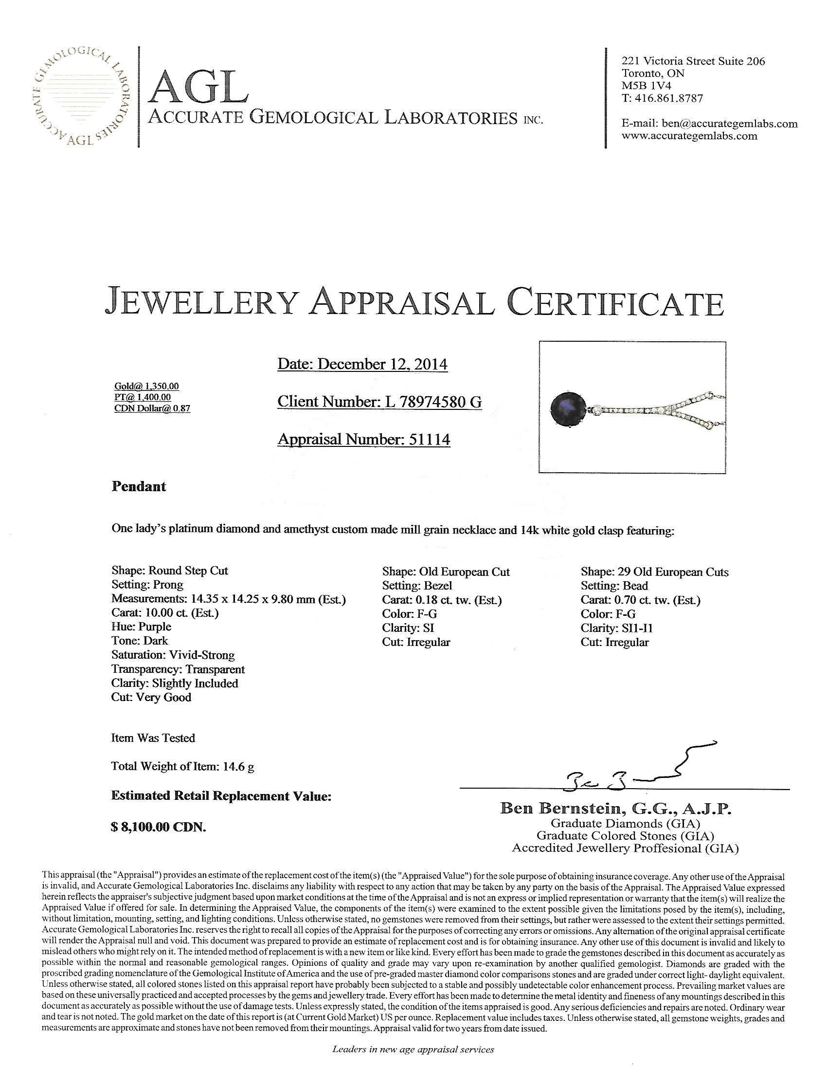 Art Deco Amethyst Diamond Platinum Drop Necklace  For Sale 1