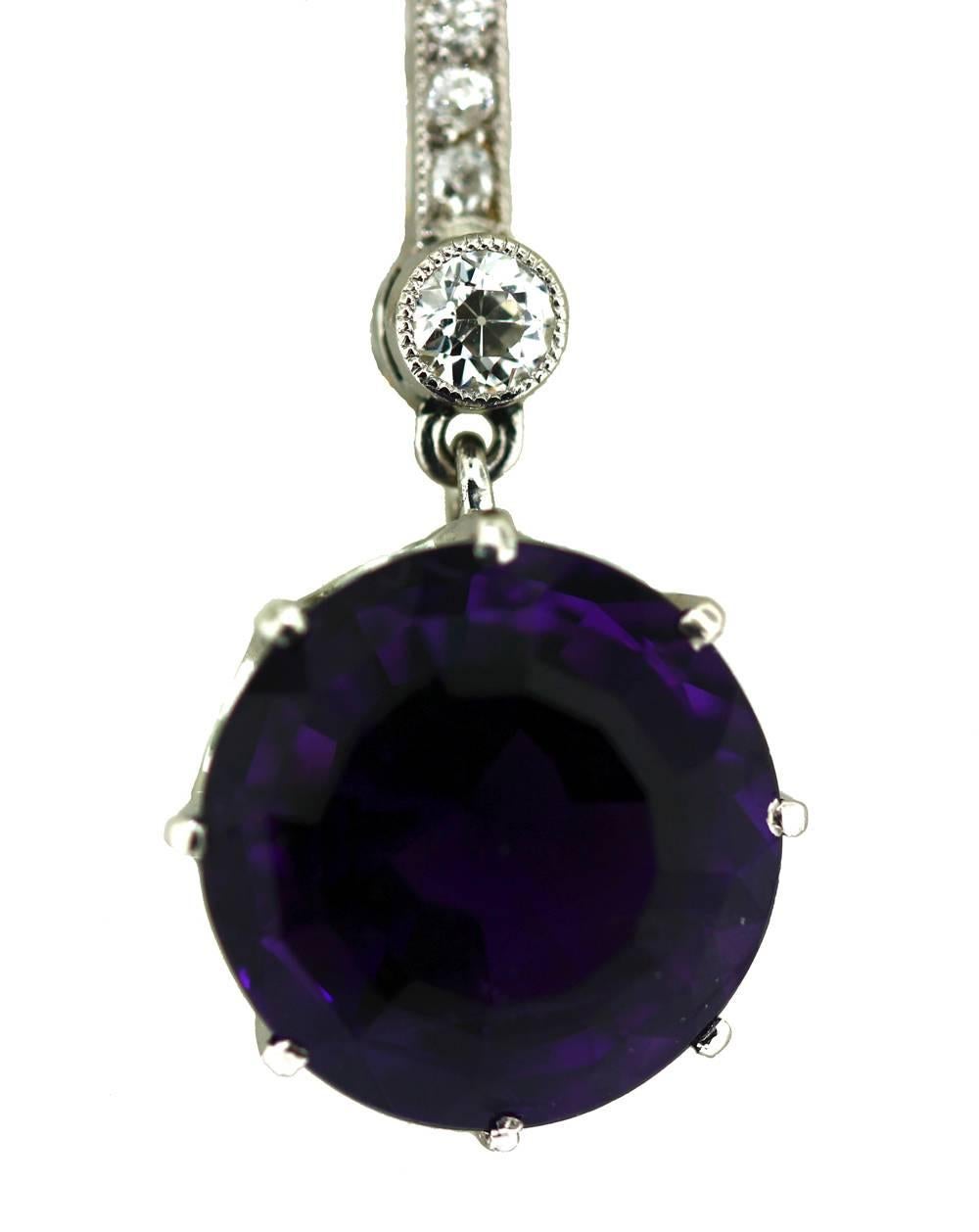 Women's Art Deco Amethyst Diamond Platinum Drop Necklace  For Sale