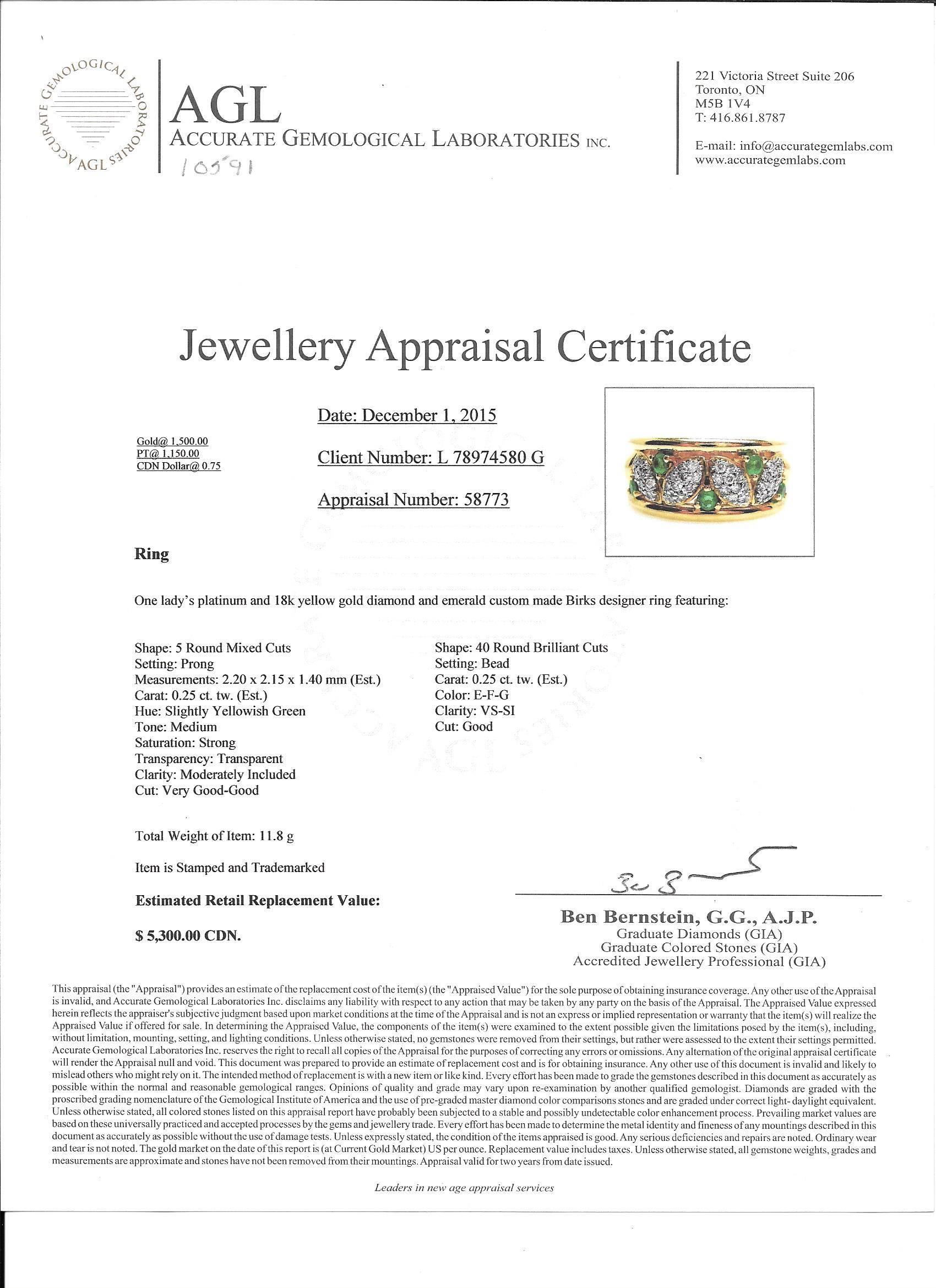 Birks diamond emerald gold Platinum Gold Ring  For Sale 4