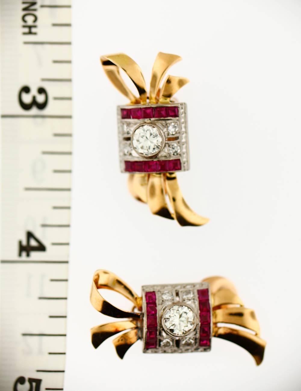 Retro diamond Gold platinum and Synthetic Ruby Earrings  For Sale 1