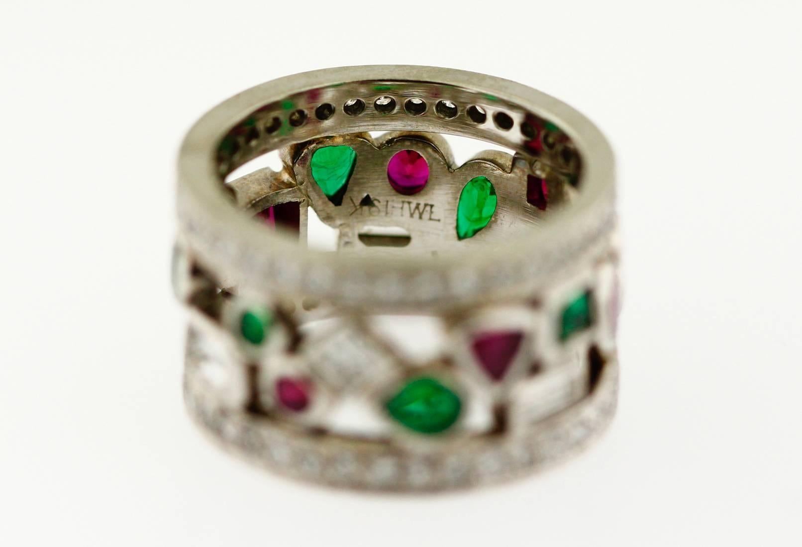 Emerald Ruby Diamond Gold Custom Made Band Ring In Excellent Condition For Sale In Toronto, Ontario