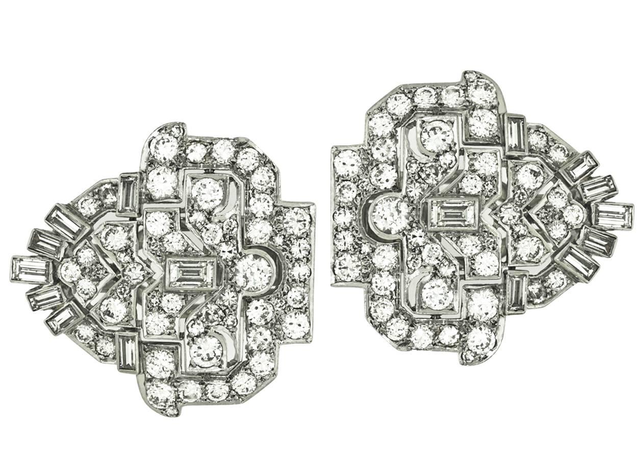 1930s Art Deco Diamond Platinum Brooch Clip For Sale