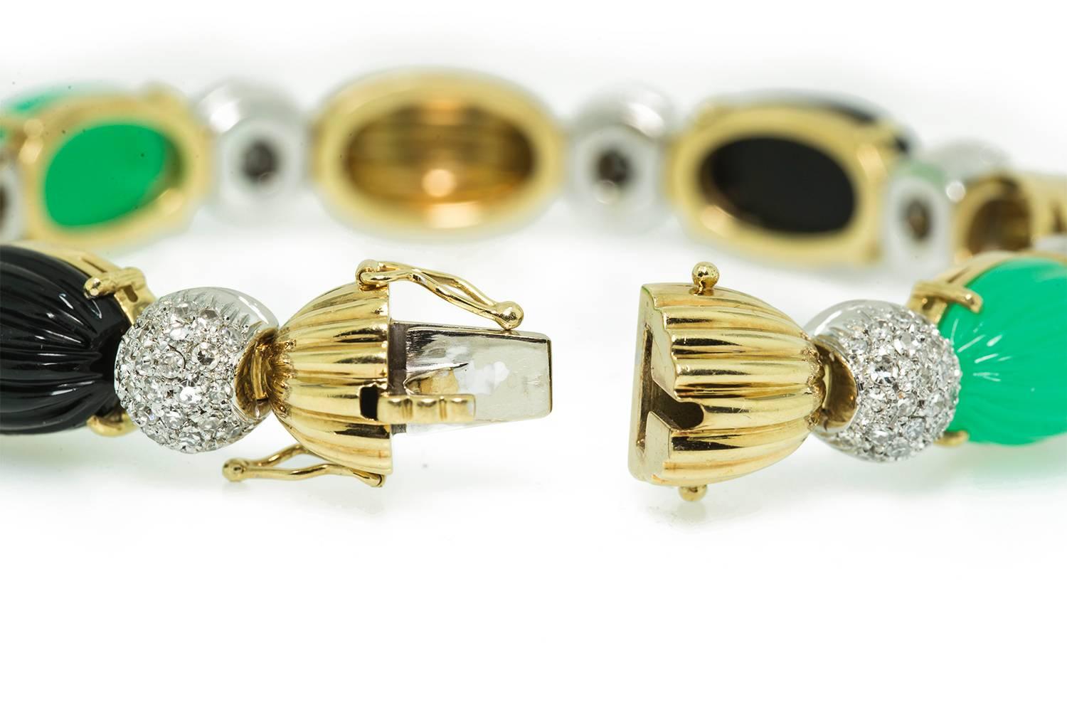 Women's Italian Diamond Chrysoprase Onyx Gold Bracelet For Sale