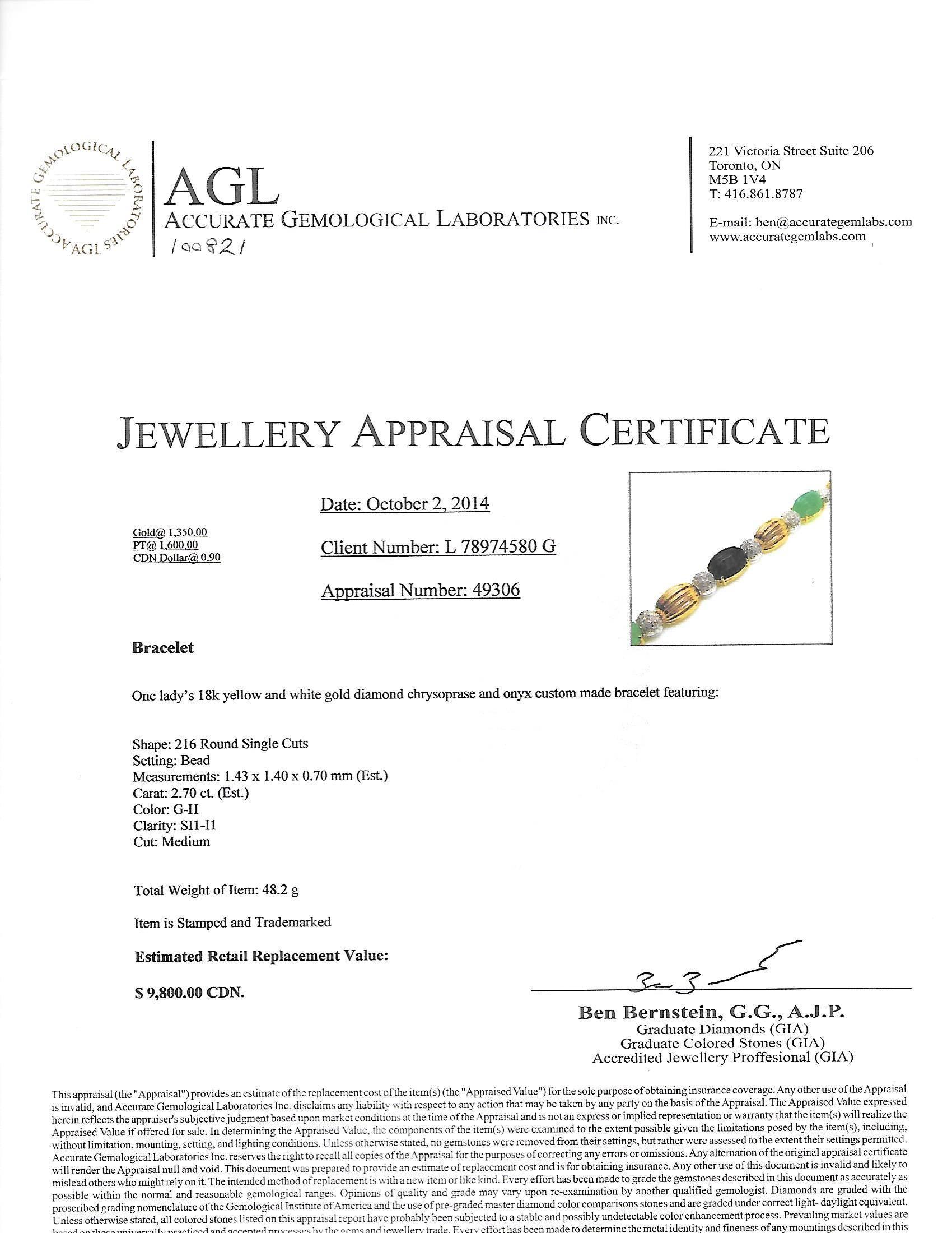 Italian Diamond Chrysoprase Onyx Gold Bracelet For Sale 1