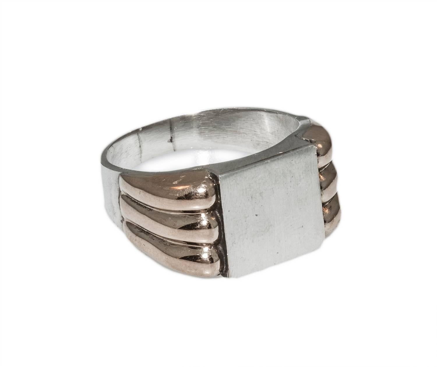 1940s Retro French Men's Silver Gold Signet Ring ( size 13 ) For Sale