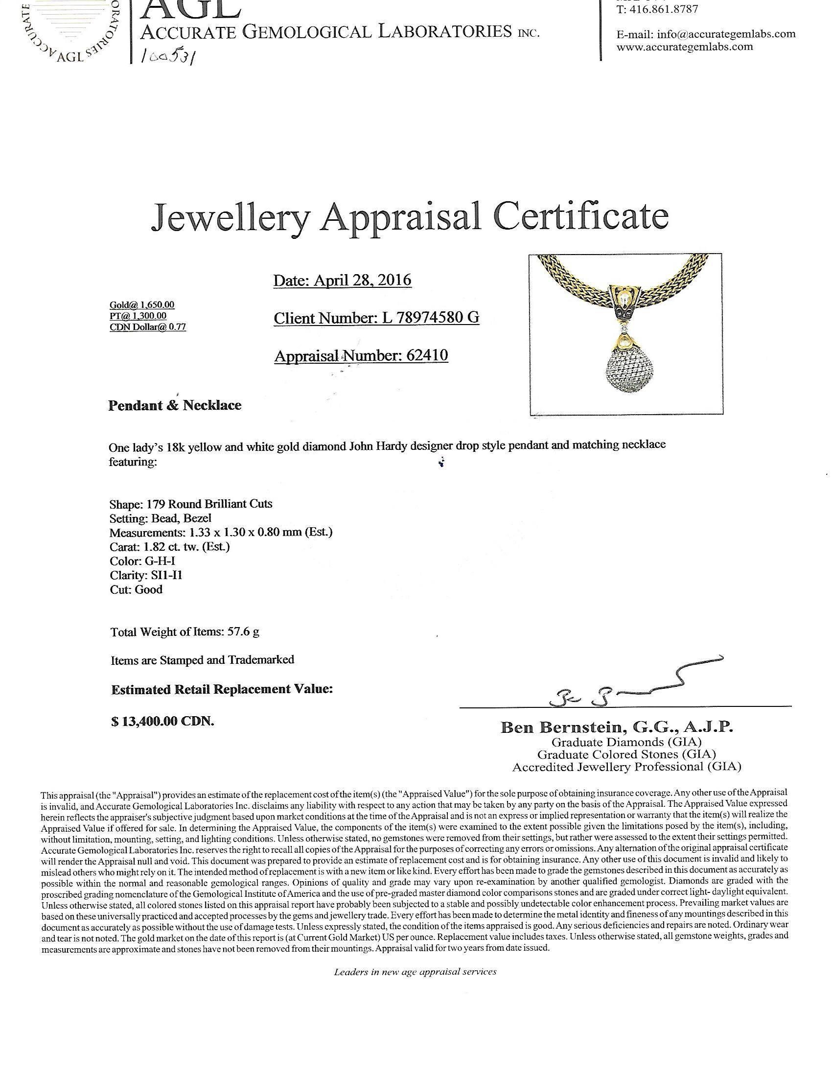 Women's John Hardy Diamond Gold Pendant Necklace For Sale