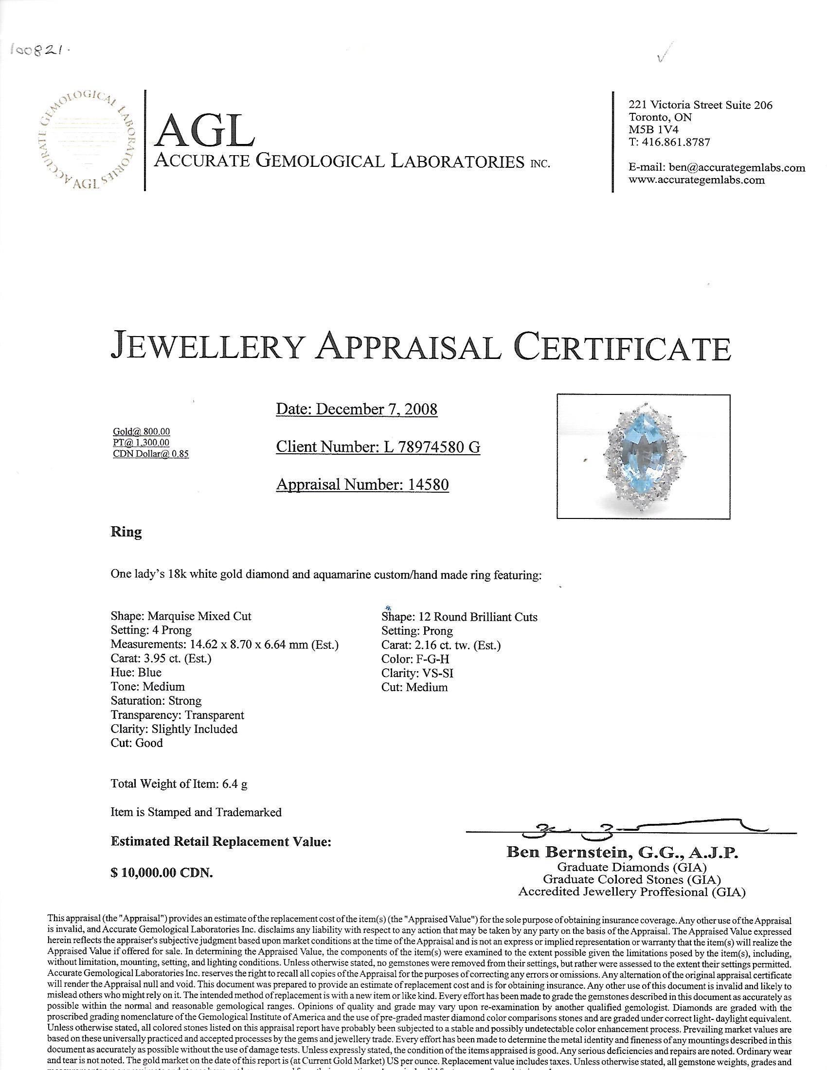 Women's Custom Made Aquamarine Diamond Gold Ring For Sale