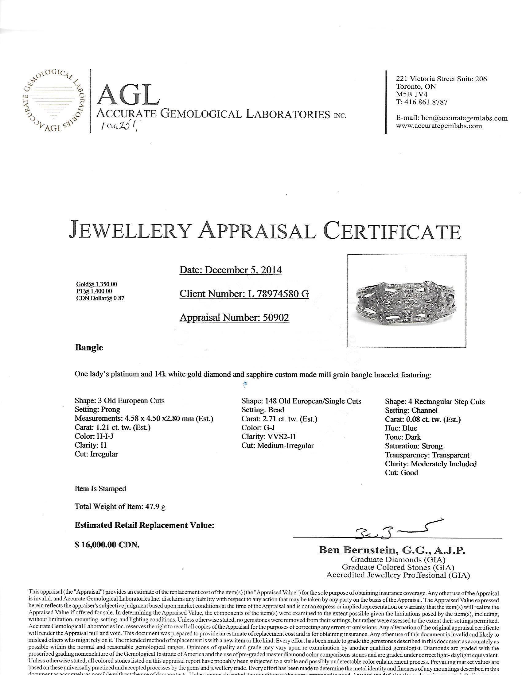 Art Deco Sapphire Diamond Gold Platinum Cuff Bracelet For Sale 5