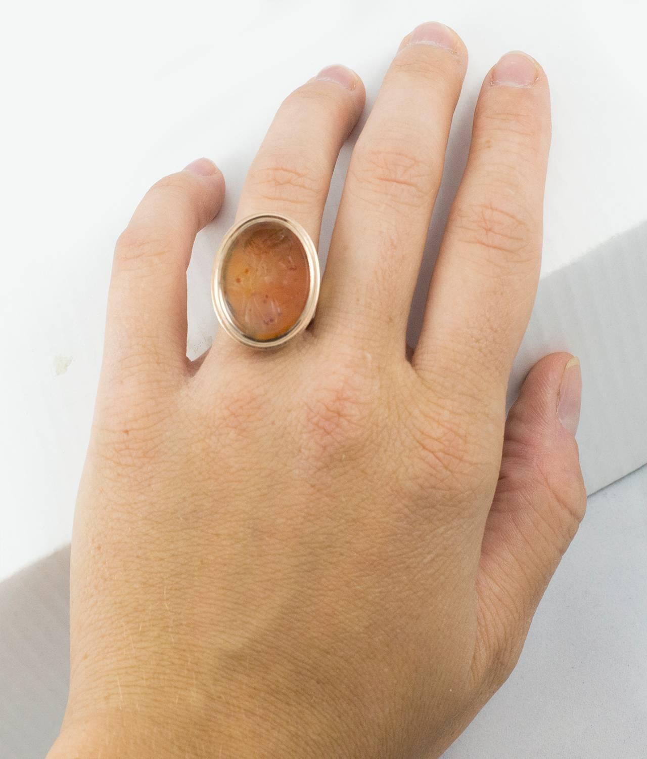 Women's or Men's Finely Carved Antique Carnelian Intaglio Gold Ring For Sale