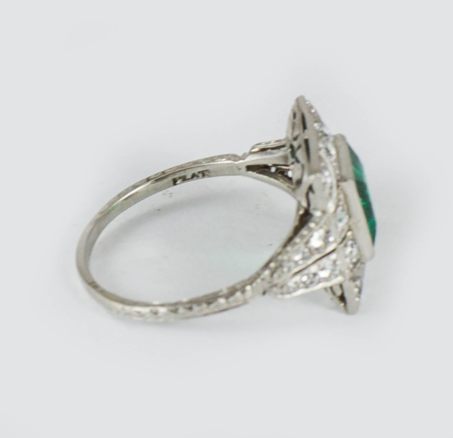 Women's Art Deco Platinum Diamond and Emerald Ring For Sale